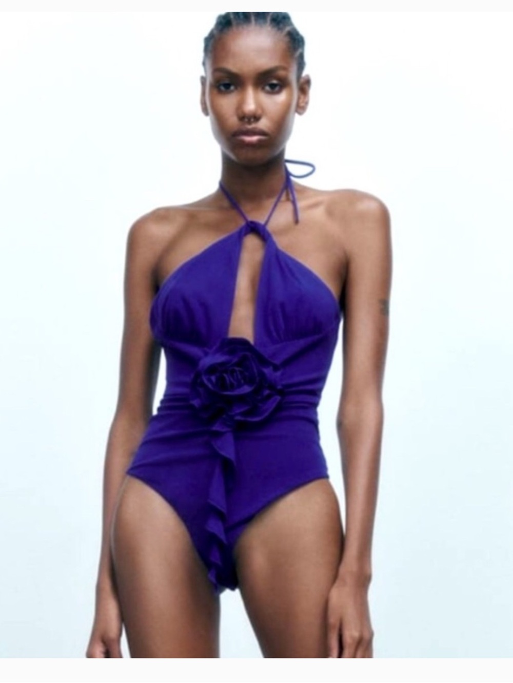 NWOT Zara Halter Halter Crossover Bodysuit Rose Rosette Electric Purple Blue M